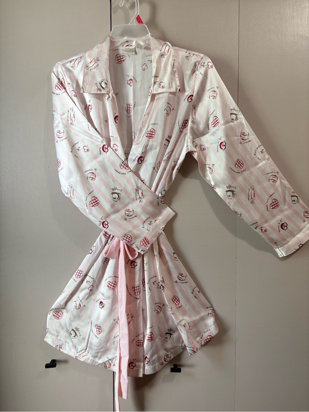 Gilligan O'Malley French Themed Pink Striped Satin Wrap Robe Ladies M